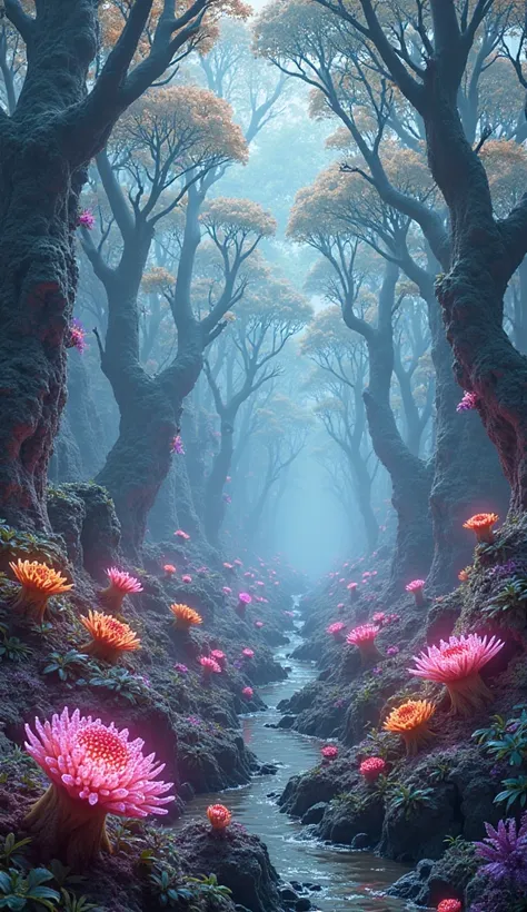 Create a landscape with trees and some plants as well as with characteristics of an alien planet. But without aliens 