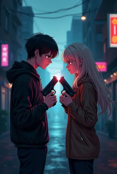 man and woman pointing a gun at eachother anime