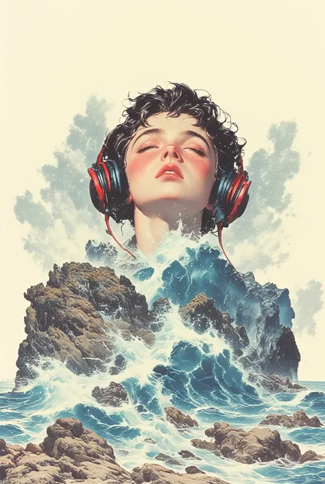 The boy with headphones closed his eyes, and in his mind (thought cloud) on a white background, visual images: Mountains, waves ...