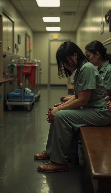 Hyper-realistic, emotionally charged scene in a backstage support area of a luxurious government building. A female cleaning wor...