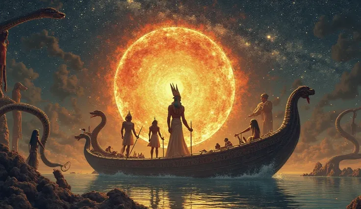"Ra sailing through the underworld in a solar boat, with stars overhead, shadowy serpents attacking the vessel, and Seth defendi...