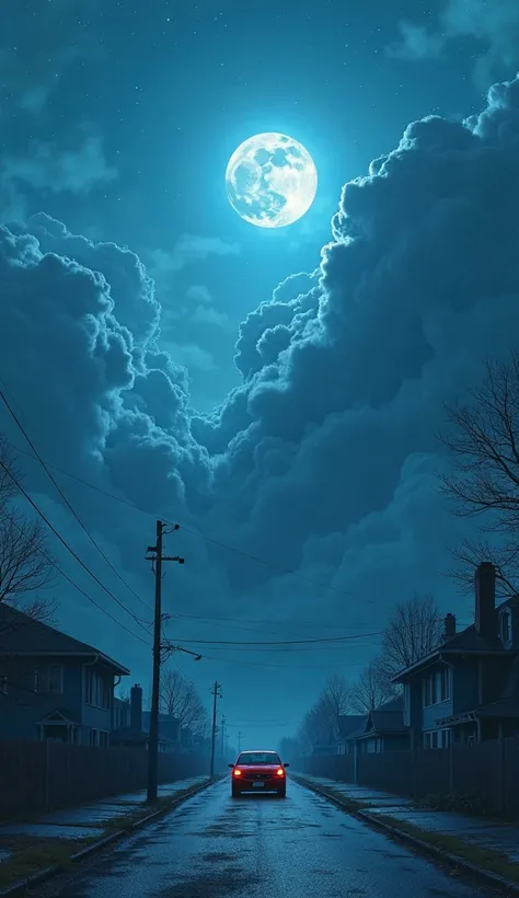 Towering clouds among blue moon dark bluish hue image among blue houses. on the street there is only one car of red color 