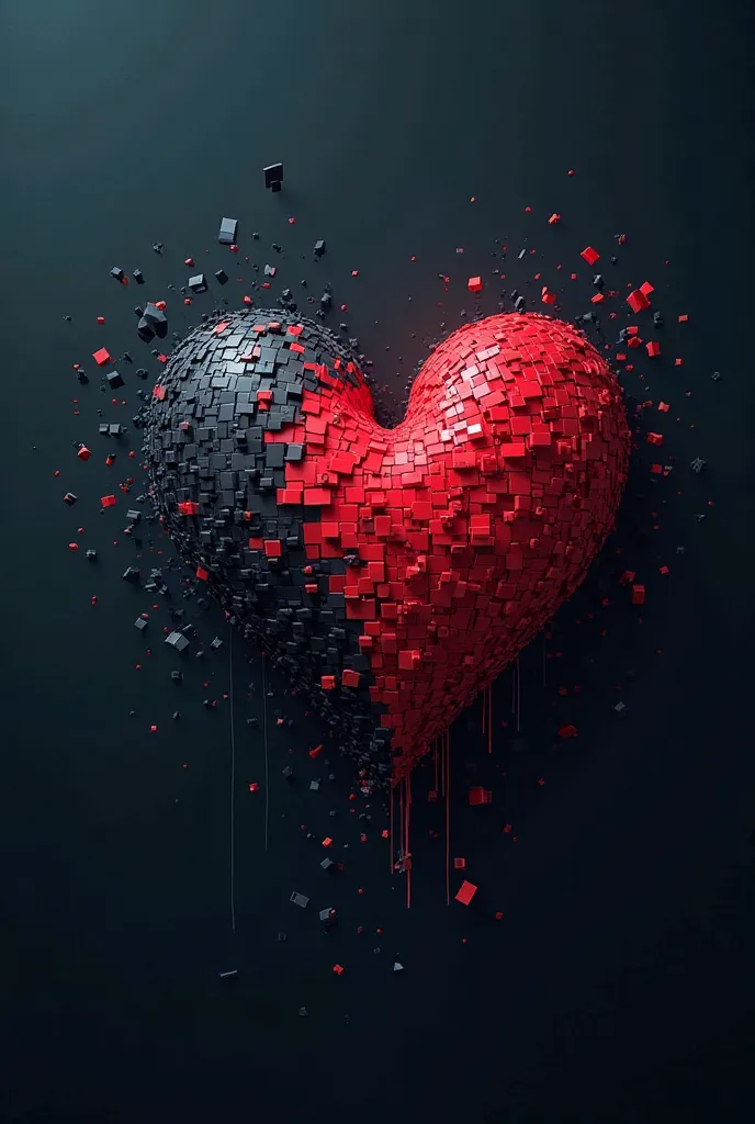 "Dramatic book cover with a pixelated heart, partially broken and under construction. Ao redor, floating code fragments and digi...