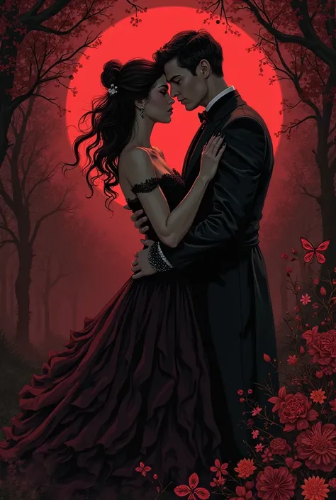 Create a dark romance fanfic cover in shades of black and burgundy red