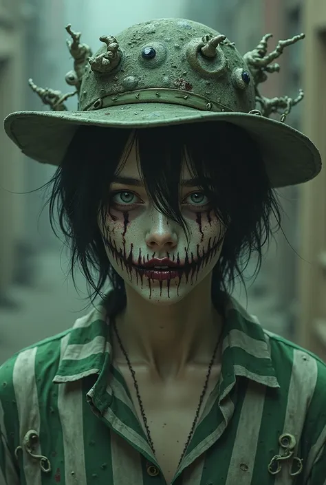  male character , black hair, zombie hat, zombie face and blouse with stripes low green and strong green