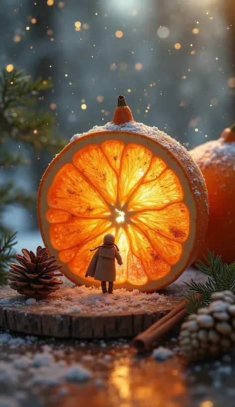 high definition double exposure  vibrant colors  poster on the  macro filigree tangerine slice placed  on the wooden  table surf...
