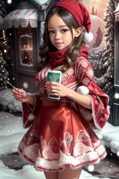 ((Jenna Ortega)), (masterpiece), (piece of art), (award winning picture),  in a colorful christmas skirt holding a christmas cak...