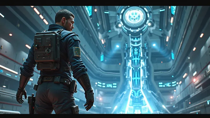 A hyper-realistic cinematic illustration of Zorak, a 30-year-old male engineer, approaching the AI core, his Nexus Gauntlet conn...