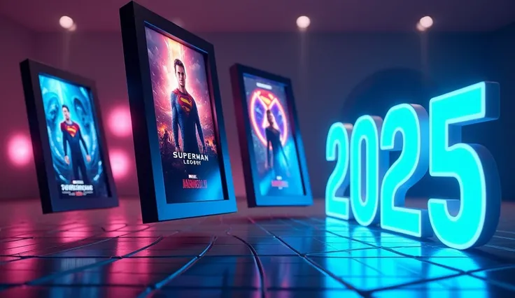 Create a cinematic YouTube thumbnail (1280x720 resolution) for a video titled 'Top 5 Movies of 2025'. On the left side, place 5 ...