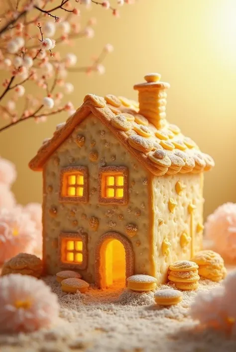 "Create a whimsical and surreal image of a house completely made of pastel de nata. The walls are made of layers of crispy puff ...