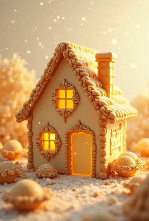 "Create a whimsical and surreal image of a house completely made of pastel de nata. The walls are made of layers of crispy puff ...