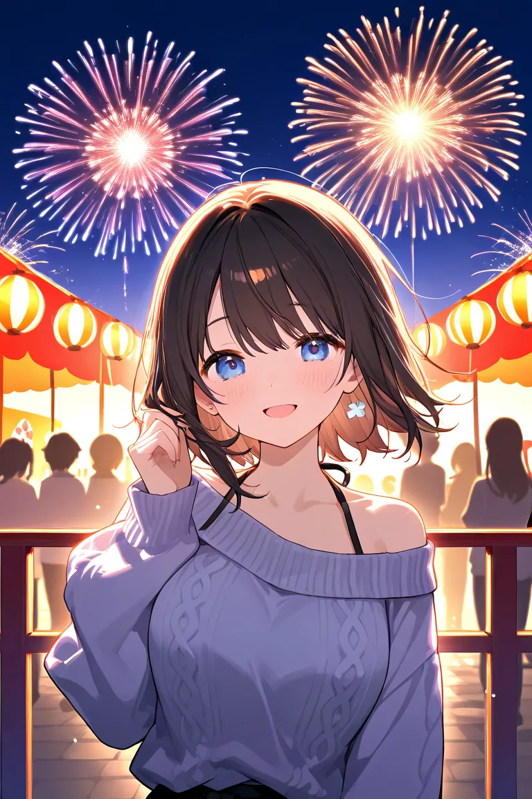 female、sweater、Shoulder、sex appeal、cute、minor who flips through、festival、 Fireworks