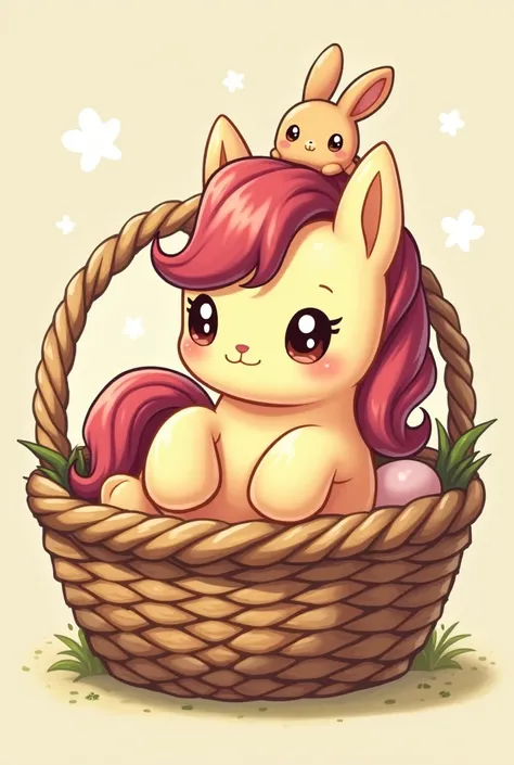 chibi pony sitting in the egg basket,  , the back hooves are placed to the sides, , the front rims are pressed to the chest, on ...