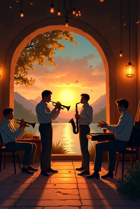 Create an animated scene in the style of Studio Ghibli movies, depicting a small jazz band performing in a cozy, rustic speakeas...