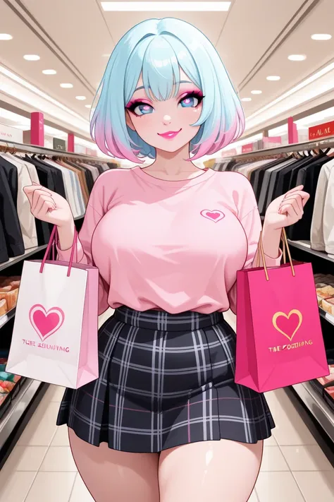 (labios gruesos: 0.8), Alone, pink makeup, eyeliner, pink lipstick, light blue hair with pastel pink highlights,   light blue ey...