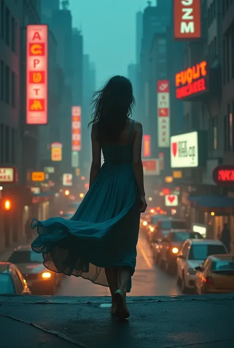 A girl in a long, flowing dress stands at the edge of everything—wind tugging at the fabric like a final goodbye. Behind her, th...
