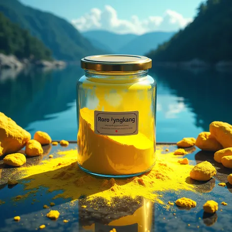 Illustration cinematic yellow powder inside the jar, with label "RORO JONGGRANG" on the jar, and many yellow stone around the ja...