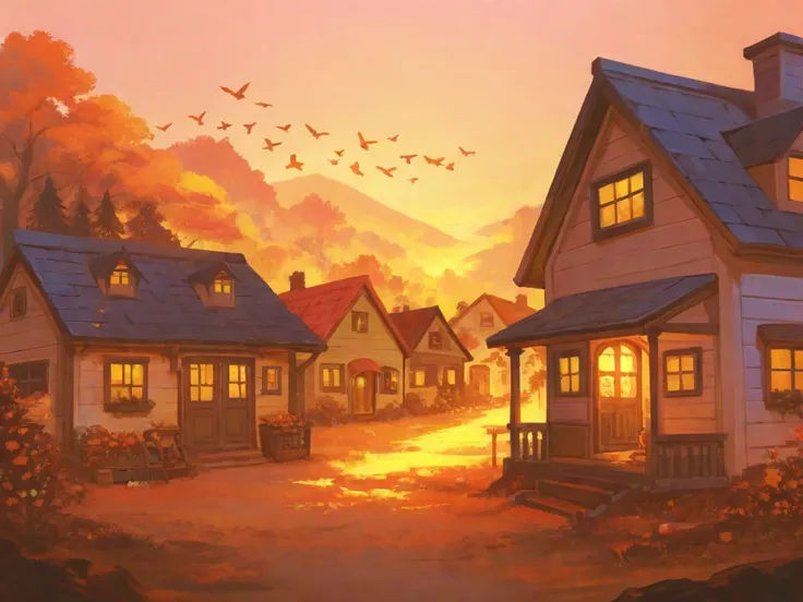 bacground, no people, house, candy house, birds, sseeds, aquarela, aquarela, warm colors, low saturation