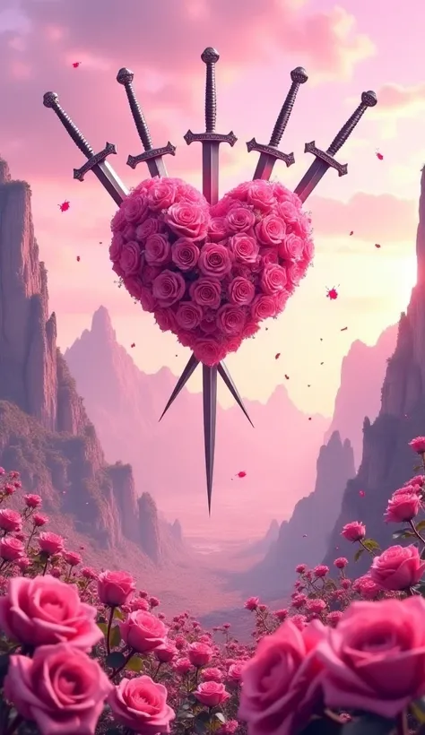 The map is made in fantasy style 

The centerpiece is a magical pink rose garden, in the air a heart of pink roses piercing with...
