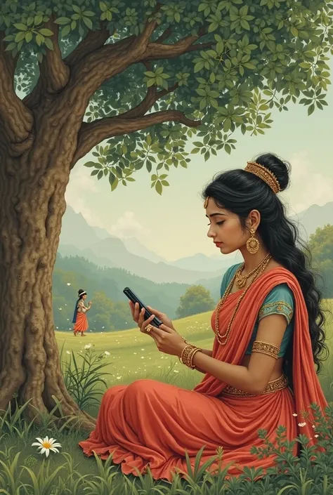 1. Radha Waiting for a Reply"
    * Radha sits beneath a tree, holding a phone with unread messages. Krishna seen in the distanc...