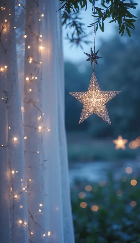 A beautiful whimsical a BREATHtaking little stars hanging with inticrate and sparkling diamonds against an open transparent deli...