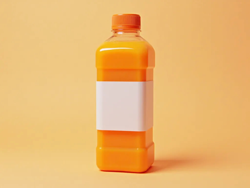 make an image of a square-shaped plastic bottle with orange juice inside and with a dark orange lid , That it has an all-white l...