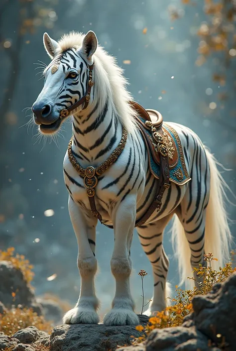 White Tiger-Zebra hybrid wearing a saddle. Mythic fantasy creature.