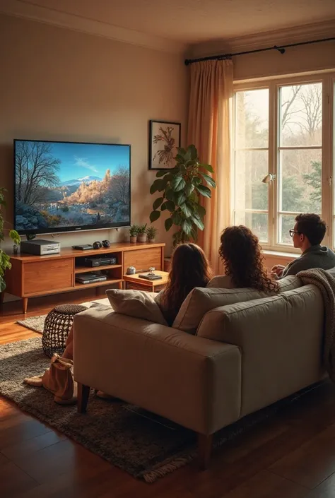 Now create a living room where the television is in front of the sofa and a window next to both