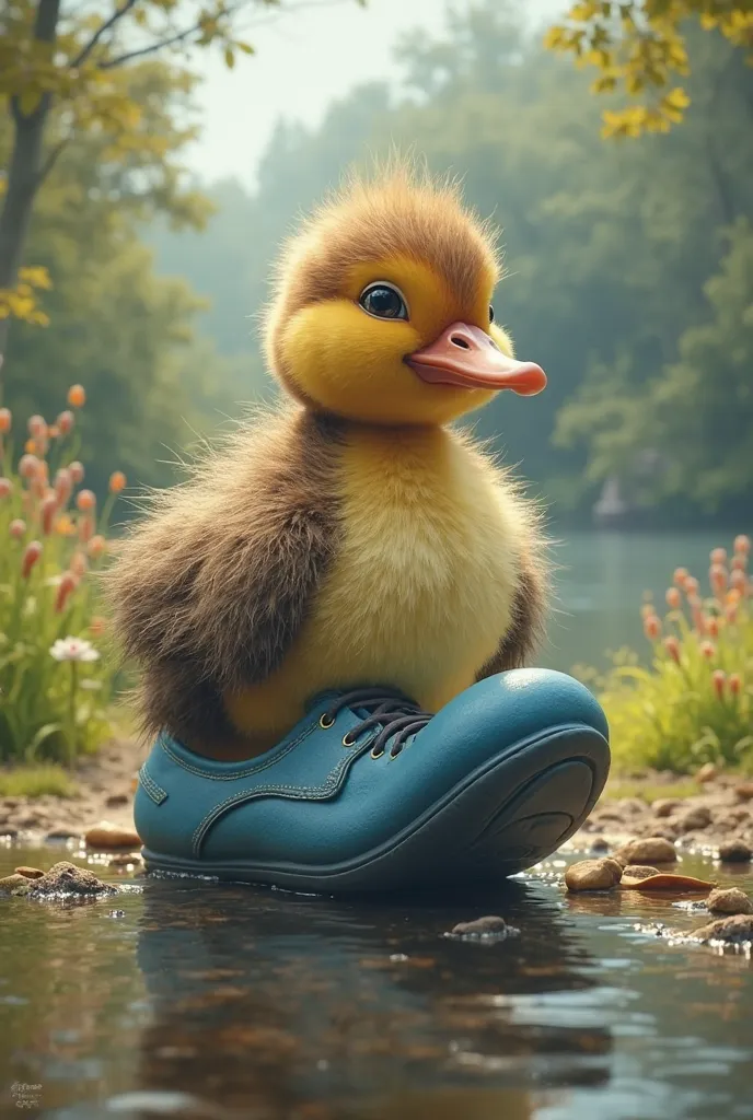 make me an image of ugly duckling with color of brown and yellow and wearing a big blue shoe