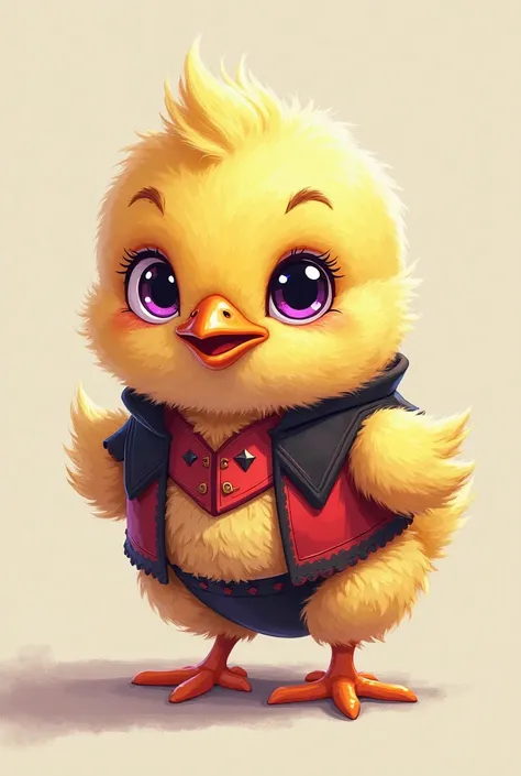 Yellow chick with purple eyes wearing harley quinn dress