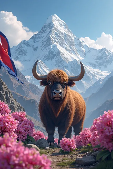 Everest yak rhododendron Nepali flag and celebrations 