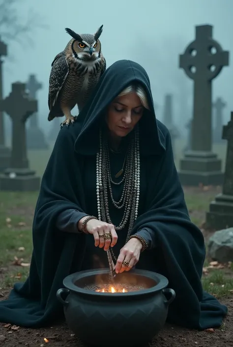 A mystical and powerful depiction of a wise and ancient Pombagira figure within a foggy cemetery at dusk or dawn. The central fi...