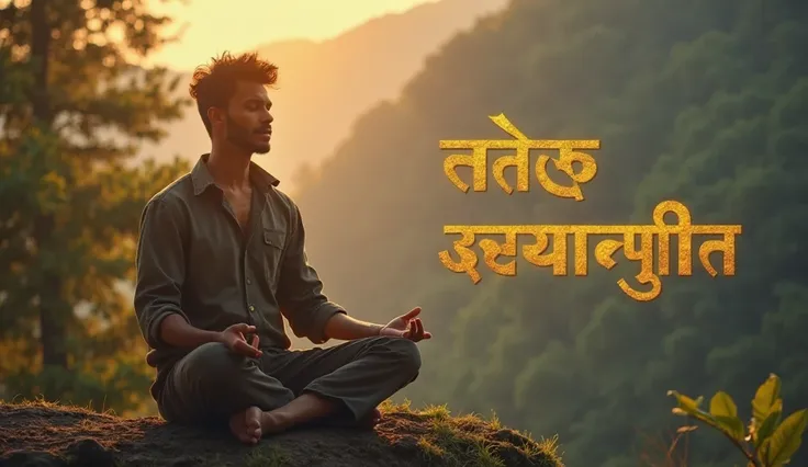 A powerful and eye-catching YouTube thumbnail in 16:9 ratio, showing a calm and focused young Indian man meditating in a serene ...