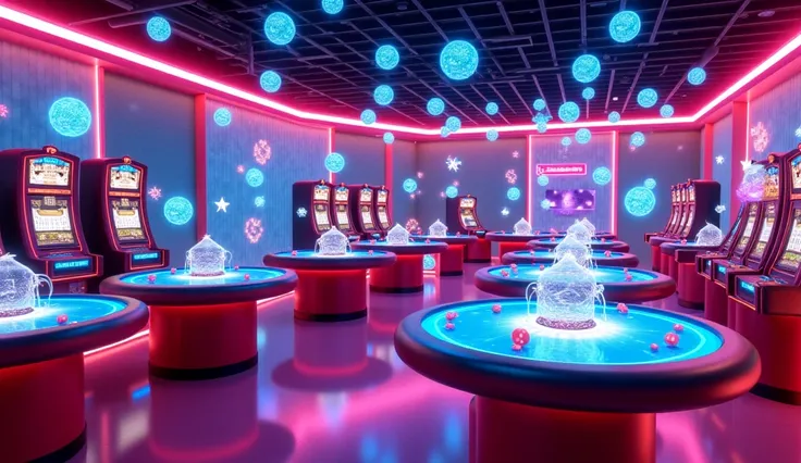 Create a 3D immersive Metaverse casino with separate gaming zones for slot machines, poker, roulette, and blackjack. Each sectio...