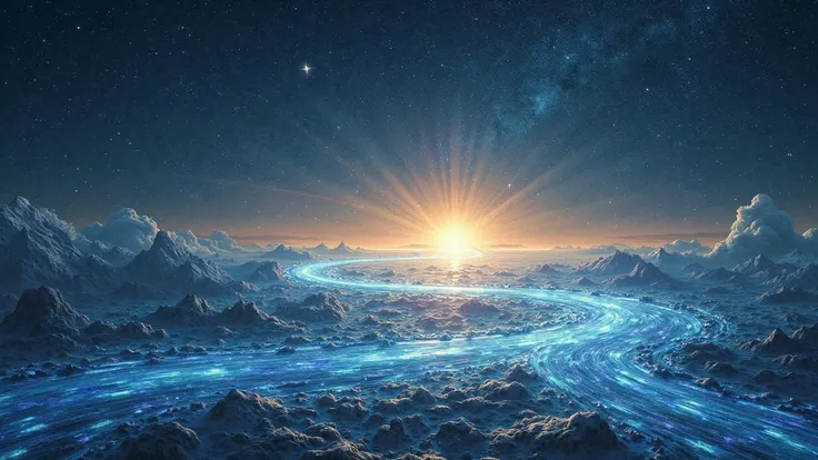 "A surreal celestial river flowing through a starry sky, its surface glowing with iridescent blues and golds. The river represen...