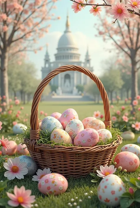 Create a beautiful Easter card.with Easter eggs, a decorative basket and a belt and framed by spring delicacies 
With flowers .i...