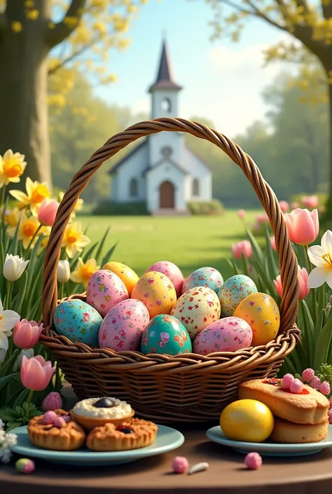 Create a beautiful Easter card.with Easter eggs with a decorative basket and Easter and framed by spring delicacies 
With flower...