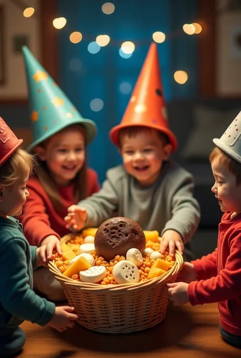  A  distributes gifts to his friends who wear funny space hats. The gifts are a small moon of chocolate and pieces of cheese wit...