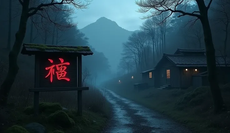 A creepy, atmospheric digital painting of an isolated Japanese mountain village at dusk. The village is surrounded by dense, sha...