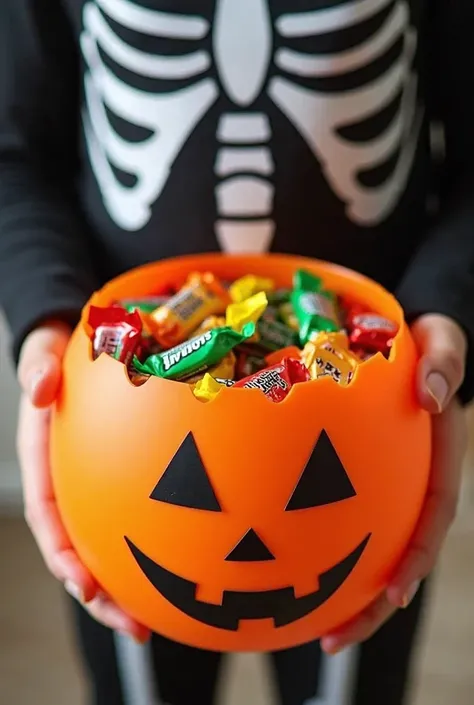 "Close-up photograph of hands holding an orange plastic jack-o'-lantern candy bucket filled with colorful wrapped Halloween trea...