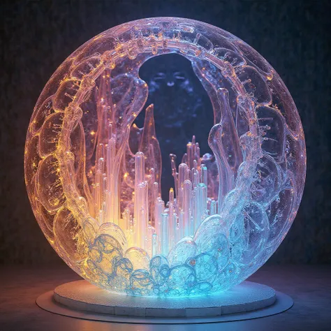 Multicolored glass carved of custle in absolute circle, back light.