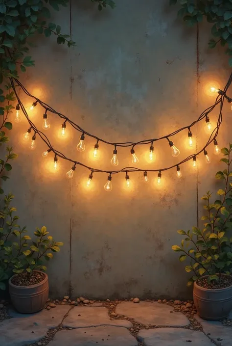 A wall with a string of lights in front of it Bamubs