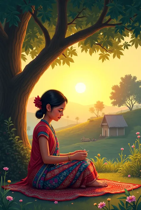 Village girl embroidering nakshi kantha under a tree, vibrant colors, rural Bangladesh, sunset, women empowerment, traditional a...