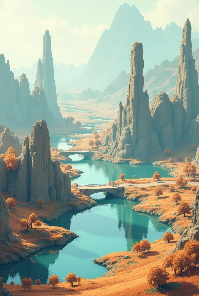 
a very large, pixelated field with random trails and a small lake in the middle with a bridge crossing the lake with some scatt...