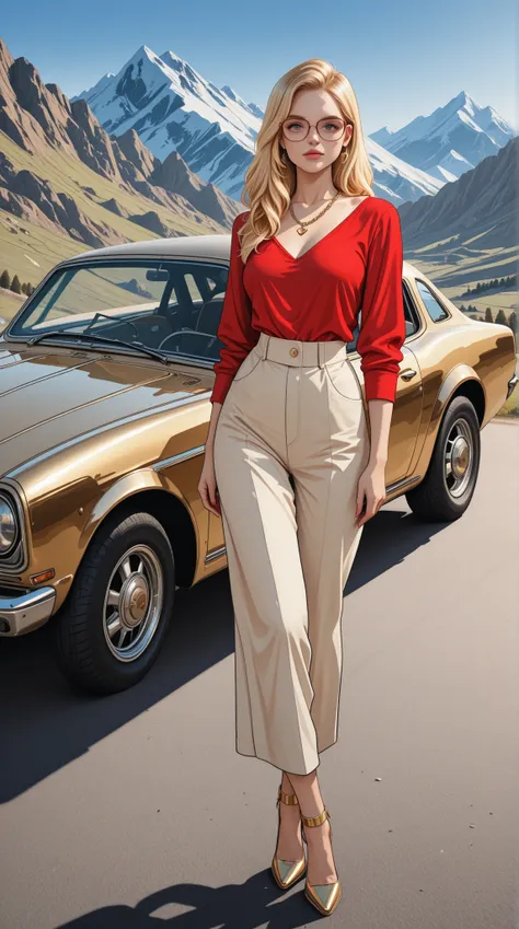 A women with blonde hair, GTA v cover design, wearing red shirt, wearing a glasses and gold chain necklace and ankle shoes , sta...