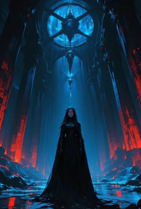 1girl,, close up face, dark elf princess, serious expression, The temple of the dark cult stands as a mystical structure, shroud...