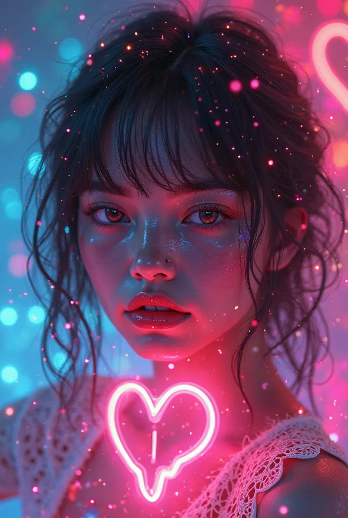 GIRL IN NEON EFFECT WITH SHINY AURA PSYCHEDELIC BACKGROUND ON THE FLANNEL MUST HAVE THE LOGO OF A BLEEDING HEART