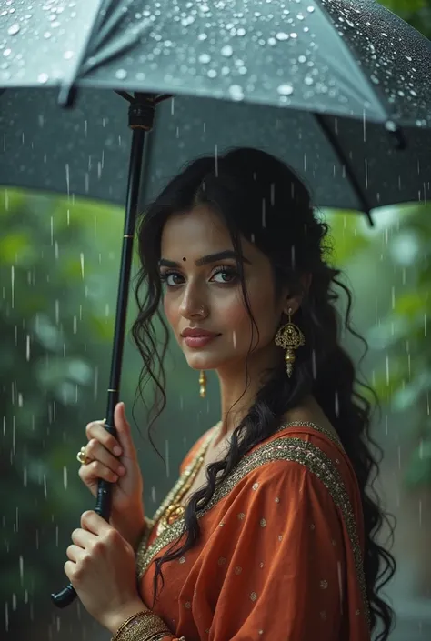 Indian actress Hina Khan holding umbrella in rain 