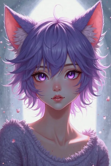 A man with fluffy purple cat ears , medium short purple hair, white skin like porcelain purple eyes 