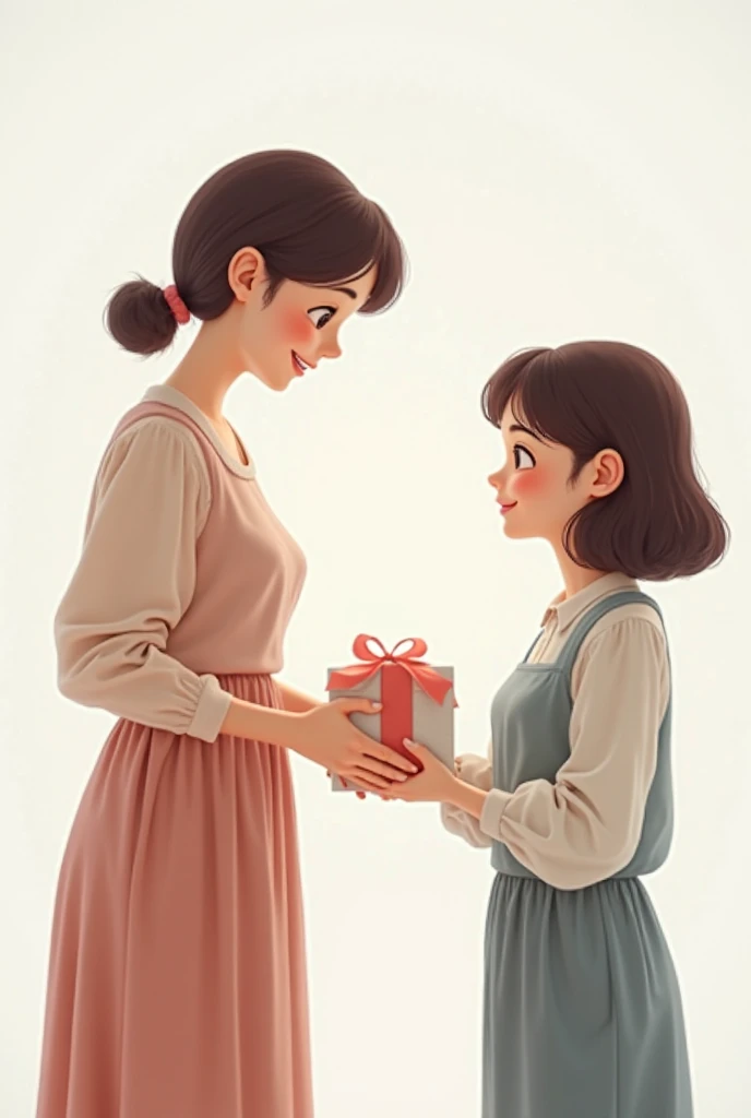 Create a REAL image of a daughter gifting her mother, white background WITHOUT CUTS ON THE SIDES